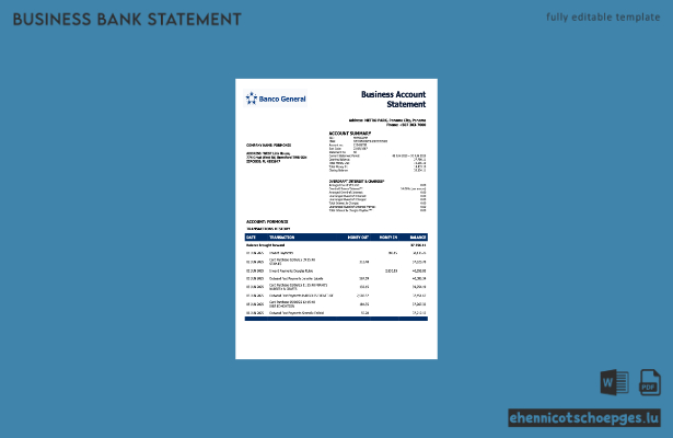 Panama Banco General Unternehmenskontoauszug (Beispiel im Word- und PDF-Format)